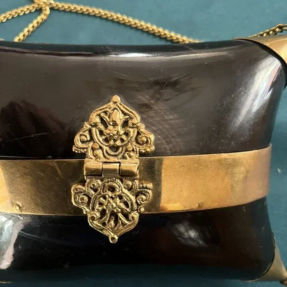 Vintage 1930's Brass & Buffalo Horn Pillow Purse Velvet Lining Gold Chain Strap - Picture 2 of 6